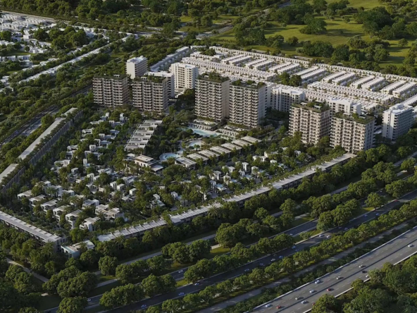 Aerial view of a modern luxury residential development in Dubai, featuring mid-rise apartment buildings, contemporary villas, lush greenery, and wide highways.