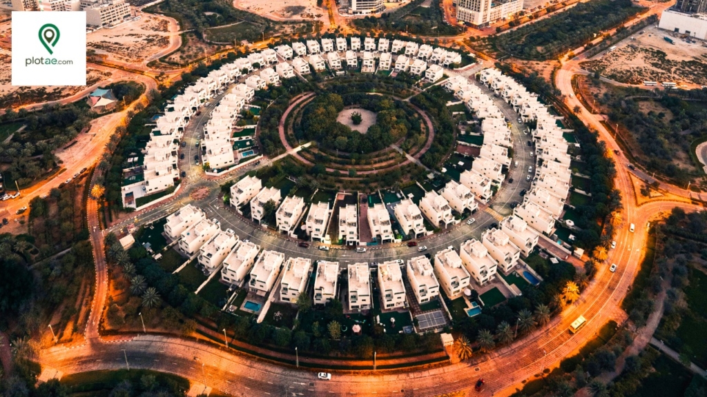 Aerial view of circular villa community in Jumeirah Village Circle, a prime location to buy land downtown Dubai.