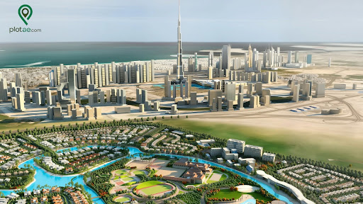Aerial view of modern communities and nearby Residential plots for sale in Dubai with city skyline in the background