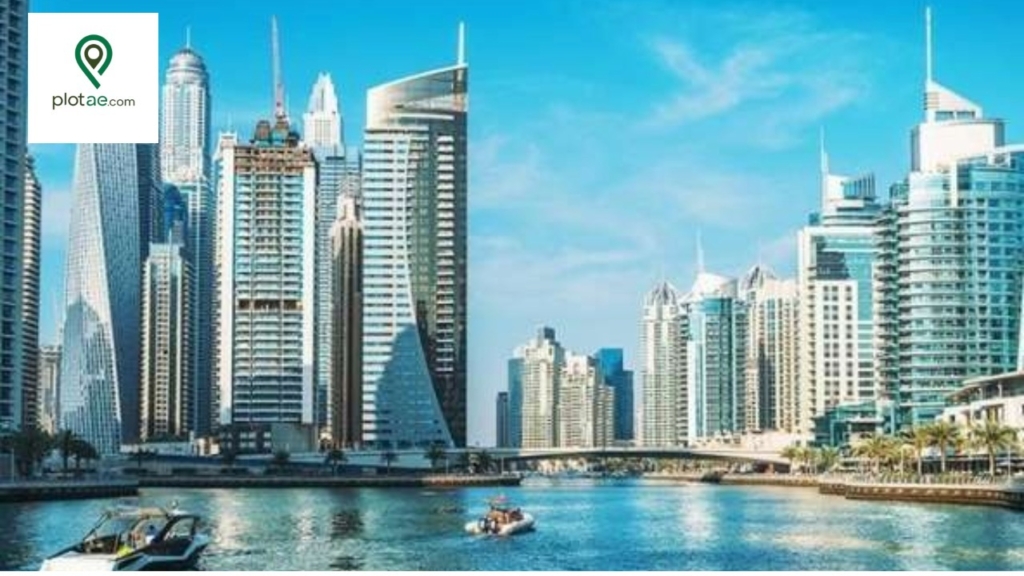 Downtown Dubai land listings overlooking waterfront and luxury high-rise buildings