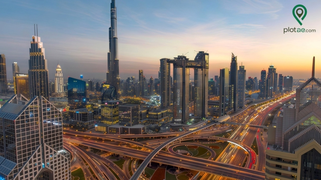 Dubai skyline at dusk with highways and nearby mixed use plots Dubai.