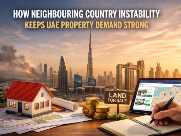 a land for sale borad on a house plot, dubai city view in the backround